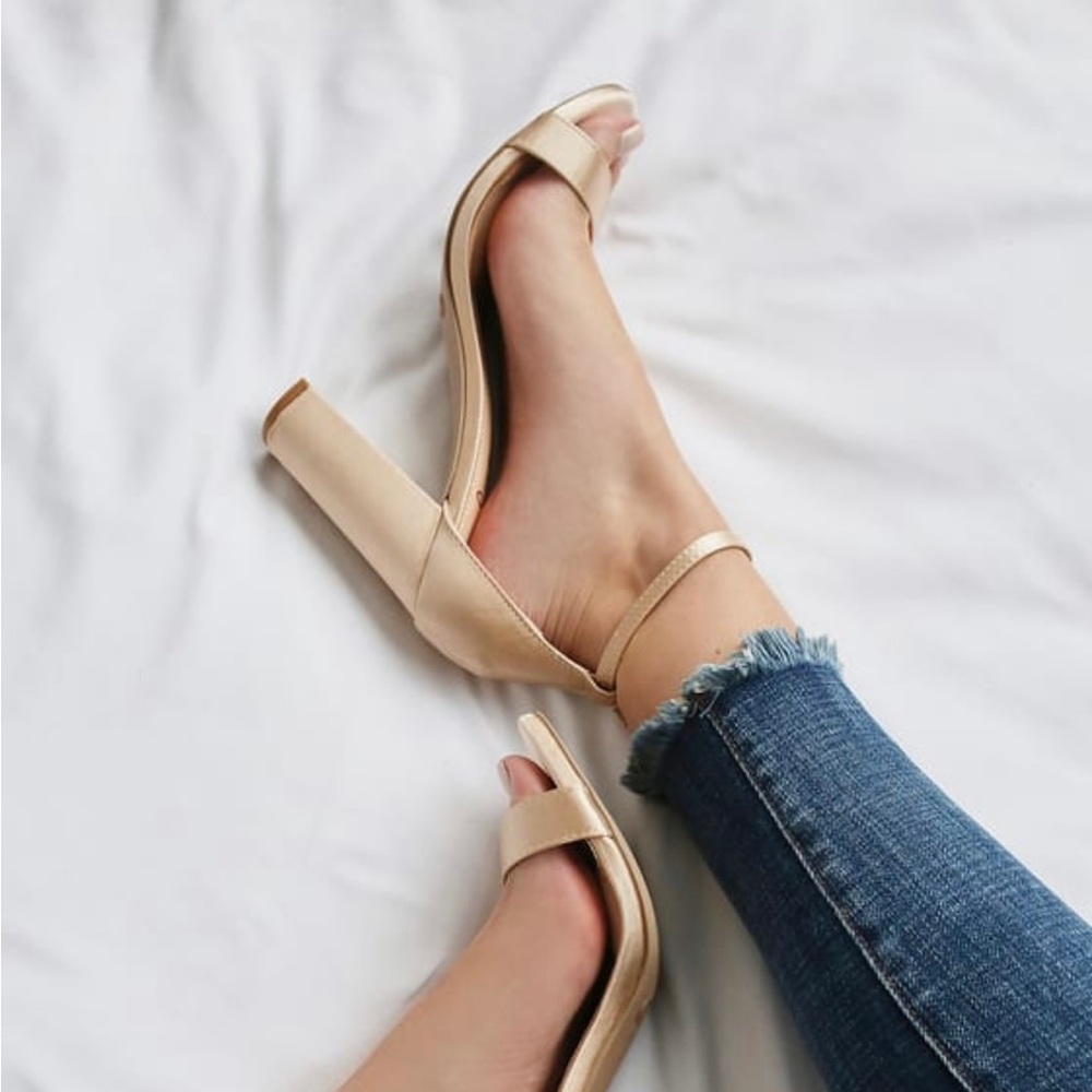Lulus Taylor champagne satin ankle strap heels